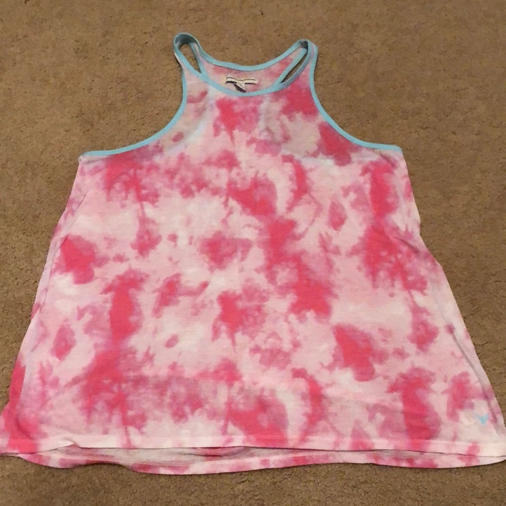 American Eagle Pink Tie Dye Tank with Aqua Blue Trim